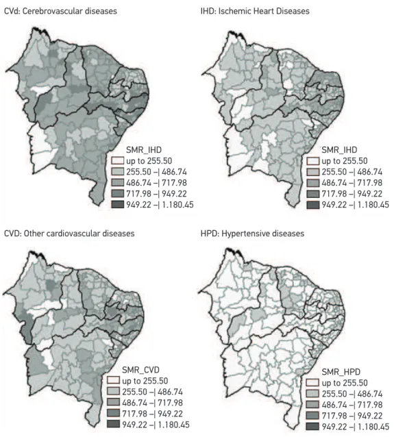 Figure 2. Variation of the standardized mortality rates of the four main underlying causes of deaths  due to cardiovascular diseases among elderly men in the 187 micro regions in Northeast Brazil (2000).
