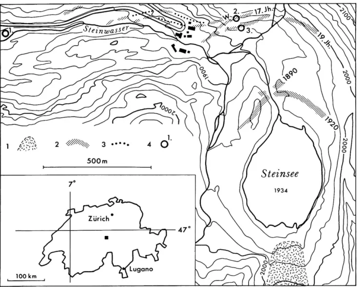 Abb. 1 Das Untersuchungsgebiet. Die Moränenwälle und deren Altersdeutung nach KING (1974)