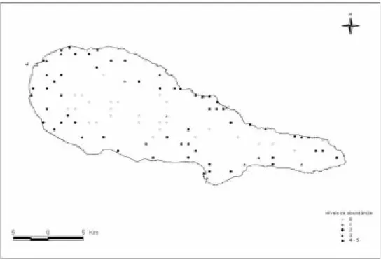 Figura 1. Locais de amostragem na ilha do Pico. Níveis de abundância segundo a escala de Looney – Kershaw (1985): 0 (ausente); 1 (isolado); 2 (dispersos); 3 (grupos);