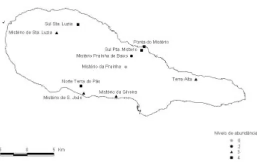 Figura 2. Amostragem de 10 locais na ilha do Pico. Níveis de abundância segundo a escala de Looney – Kershaw (1985): 0 (ausente); 2 (dispersos); 3 (grupos); 4 (manchas mistas).