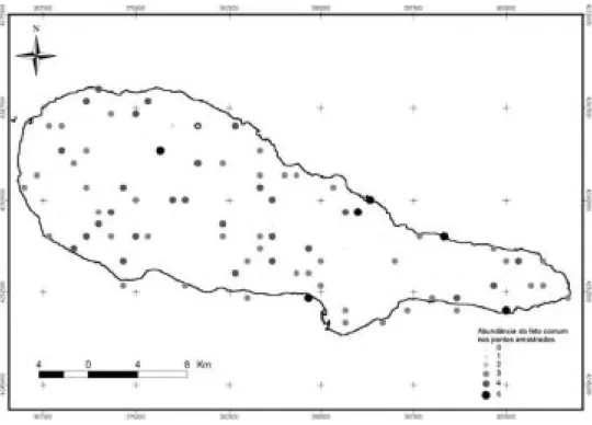 Figura 1. Distribuição e abundância de Pteridium aquilinum na ilha do Pico (dados de Silva, 2001).