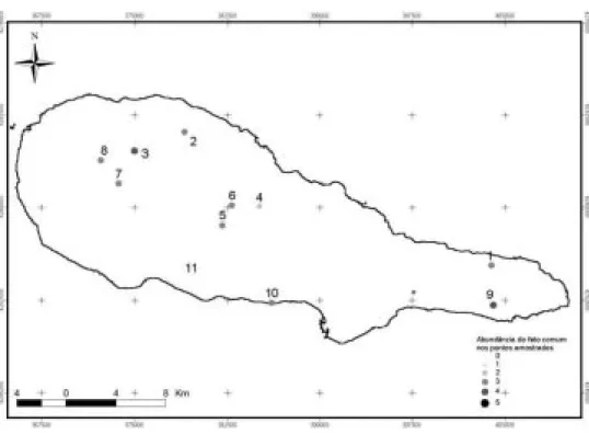 Figura 2. Distribuição e abundância de Pteridium aquilinum na ilha do Pico (dados da expedição de 2005)