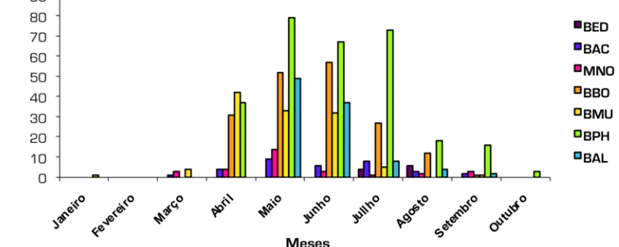 Figura 9. Ocorrência mensal de cada espécie nos Açores, valores absolutos.  