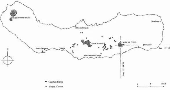 Fig.  1.  Sites where Triturus cristatus carnifex was found on  Stio Miguel island (Azores)