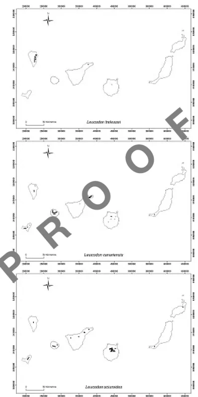 Fig. 1. Distribution of Leucodon treleasei, L. canariensis and L. sciuroides in the Canary Islands.