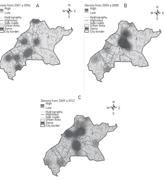 Figure 6. Density map of probable sites of infection of Brazilian spotted fever, by the Kernel estimator,  Valinhos, SP
