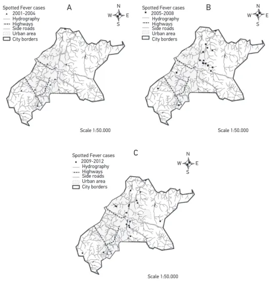 Figure 5. Map of Valinhos, SP, with delimited urban area, hydrography, and cases of Brazilian  spotted fever