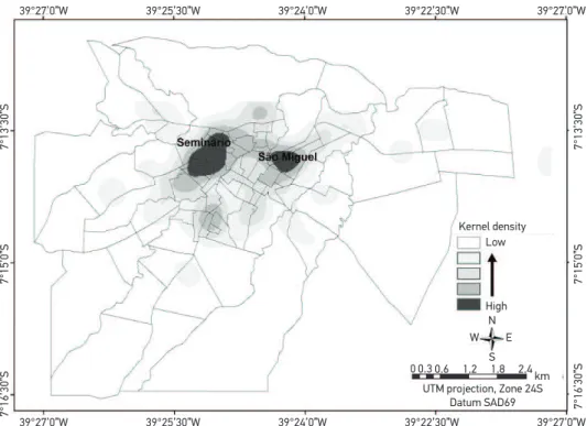 Figure 1. K-function with simulation for new cases of tuberculosis from 2002 to 2011, in the  urban zone of Crato, CE.