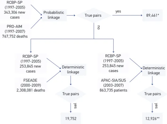 Figure 1 represents the linkage stages according to the database entry. The i rst link- link-age was conducted between RCBP-SP and PRO-AIM, after the removal of  cases found and  classii ed as death