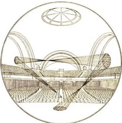 Fig. 2.9 – Eco do som com origem na fonte sonora situada no palco, refletido por duas superfícies [15] 