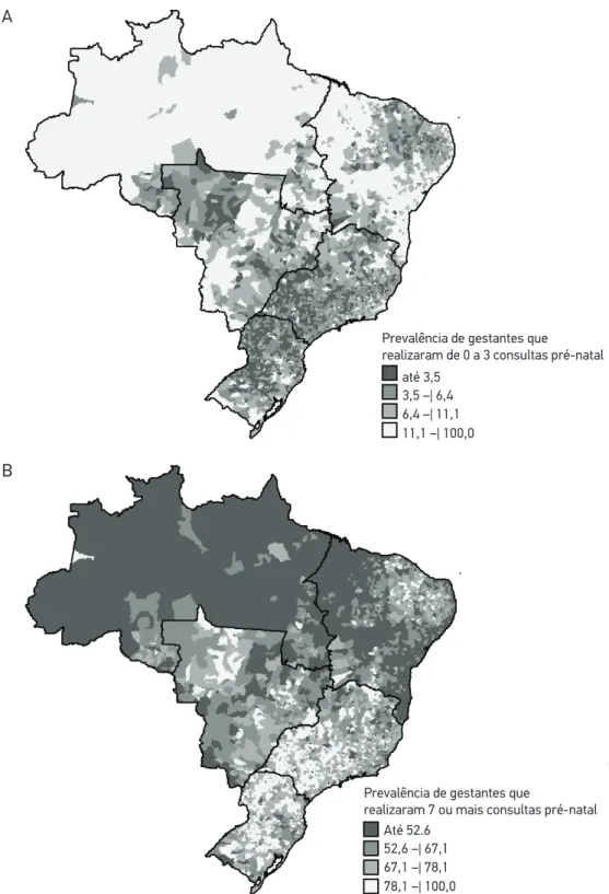 Figura 1. Distribuição espacial dos municípios do Brasil segundo realização de (A) 0 a 3 consultas  pré-natal e (B) 7 ou mais consultas pré-natal