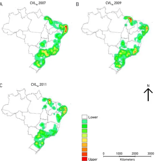 Figure 1. Surface density of mean community viral load (CVL M ) of individuals with AIDS aged  13 years and over, monitored by surveillance systems in Brazil, Kernel method (assigning 50  copies/mL for individuals with undetectable viral load)