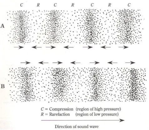 Figura 2.1 – A propagação das ondas sonoras ocorre através de ciclos de compressão (zonas C) e rarefação  (zonas R) do meio elástico em que estas se movimentam