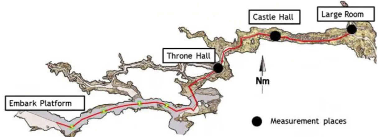 Figura 3.9 – Planta esquemática das grutas de Pertosa com indicação dos pontos de medição dos parâmetros  acústicos