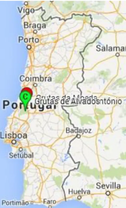 Figura 4.1 – Localização das grutas da Moeda, Santo António e Alvados no território continental português