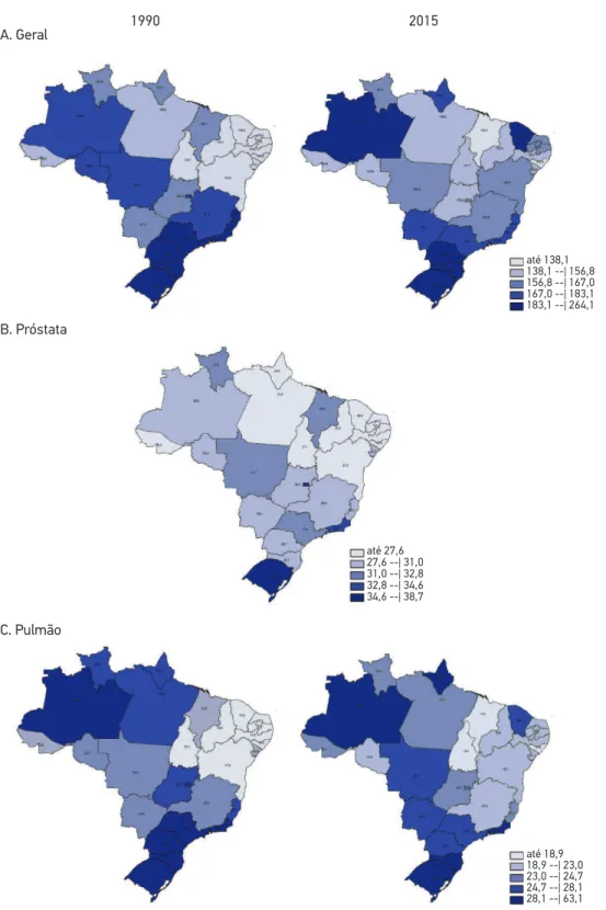 Figura 2. Taxas padronizadas de mortalidade por câncer em homens: (A) geral; (B) próstata; 