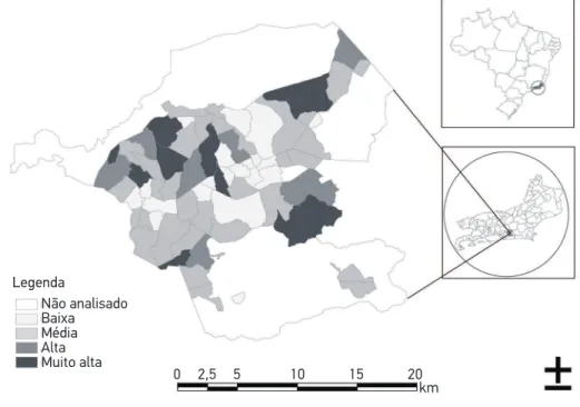 Figura 1. Mapa de bairros estratiﬁcados segundo o Índice de Vulnerabilidade Social municipal –  Itaboraí 2014.