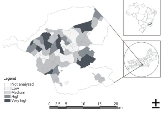 Figure 1. Map of stratiied neighborhoods according to the municipal Social Vulnerability Index –  Itaboraí 2014.
