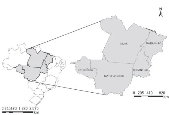 Figure 1. Study area: all municipalities in the States of Mato Grosso, Tocantins, Rondônia, Pará  and Maranhão.