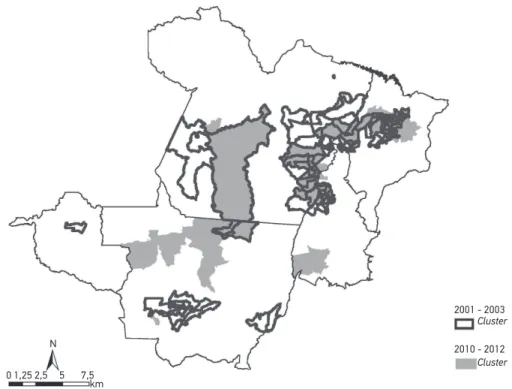 Figure 2 shows the 15 most signiicant clusters for the incidence rate of  leprosy, from  2001 – 2003 and 2010 – 2012
