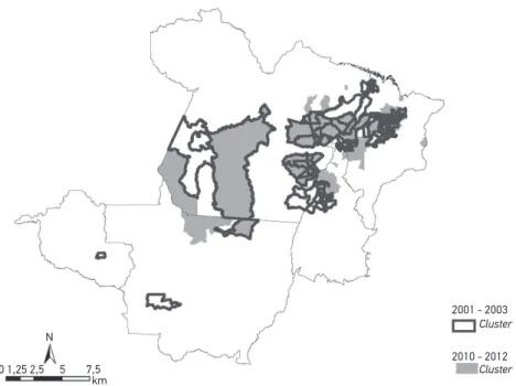 Figure 3. Most signiicant clusters for the incidence rate in adolescents aged less than 15 years  (per 100,000 inhabitants), deined by using the spatial scan statistics, according to periods 2001  – 2003 and 2010 – 2012