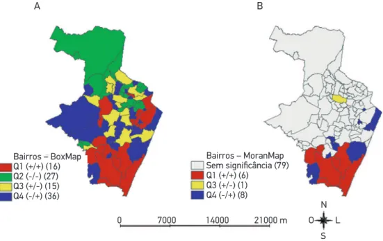 Figura 2. BoxMap (A) e MoranMap (B) dos acidentes de trânsito urbano, segundo bairro. Recife,  Pernambuco, Brasil (janeiro a junho de 2015).