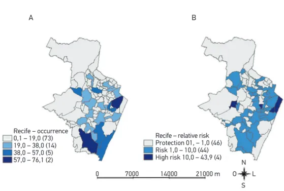 Figure 1. Occurrence (A) and relative risk (B) of urban traic accidents, according to neighborhood