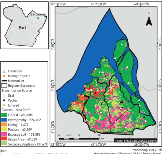 Figure 3. Environmental classiication and spatial distribution of Chagas disease cases, 2007 to  2014, Barcarena, Pará.