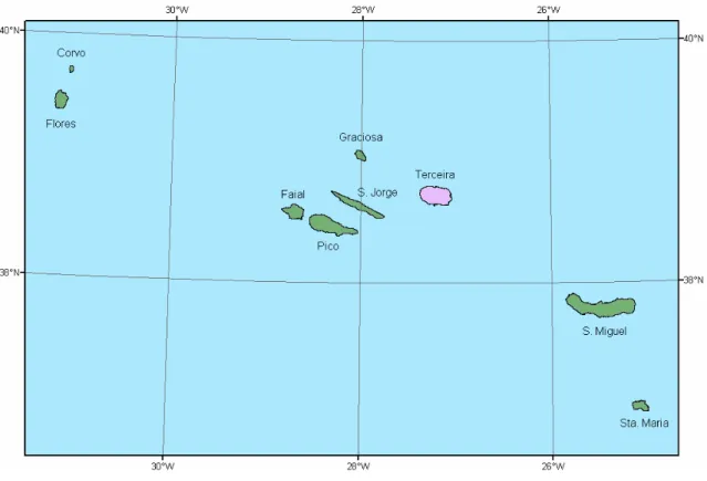 Figura I.1 – Localização geográfica da ilha Terceira no arquipélago dos Açores. 
