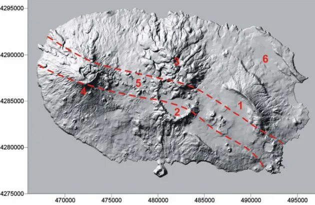 Figura I.3 – Modelo digital de terreno da ilha Terceira, onde se destacam seis regiões geomorfológicas