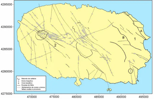 Figura I.4 – Esboço vulcano-tectónico da ilha Terceira. Legenda: 1) Graben das Lajes; A) Falha das Lajes; 