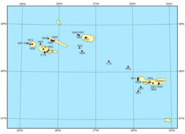 Figura I.6 – Erupções vulcânicas históricas registadas nos Açores (modificado de Weston, 1964 com dados  de Queiroz et al., 1995, Queiroz, 1997 e Gaspar et al., 2003)