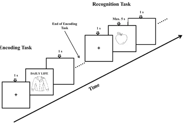 Figure 1. A sample trial procedure at encoding and retrieval (i.e., recognition task) within each context memory block