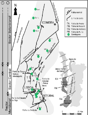 Figura 2 - Enquadramento geográfico  e tectónico da Bacia Lusitânica.  Ilustração dos setores