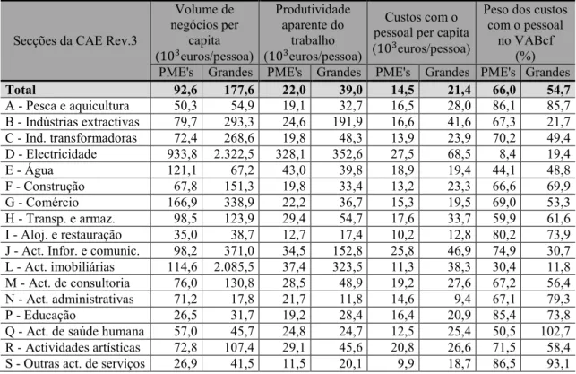 Tabela 2. Principais rácios económicos por sector de actividade em 2008. 