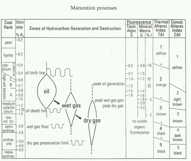 Fig. 2: Correlação da evolução do carvão, maturidade da matéria orgânica dispersa nos sedimentos e as fases de  geração de petróleo e gás (Taylor, et al., 1998)