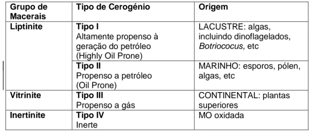 Tabela 2: Tabela resumo da composição dos macerais dos diferentes tipos de cerogénio, adaptado de Ediger, 2005 