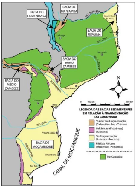 Fig. 5: Localização das Bacias Sedimentares de Moçambique (ECL, 2000). 