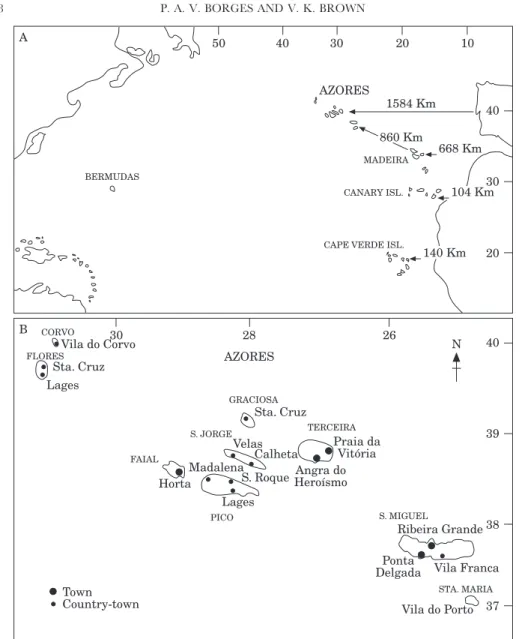 Figure 2. Map of the region, showing the Macaronesian region (A) and the nine islands of the Azores (B)