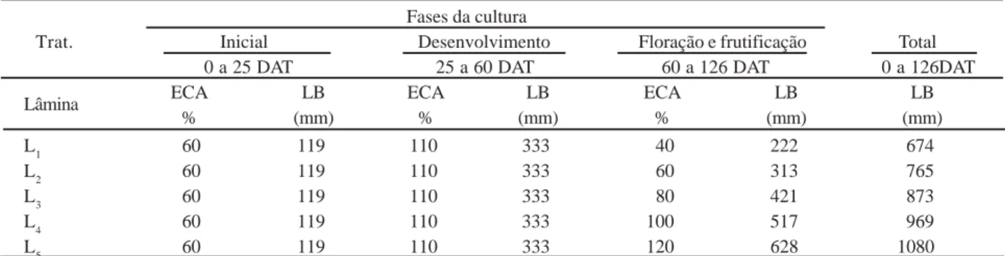 Tabela 2 - Lâminas brutas de irrigação (LB) aplicadas aos tratamentos, Pentecoste-CE, 2004.