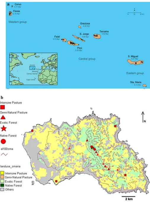 Fig. 1 Map of the region, showing a the nine islands of the Azores. Adopted from Borges et al