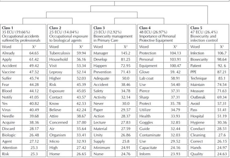 Figure 1 –  Thematic structure of the social representations of biosecurity by primary care nursing professionals Class 135 ECU (19.66%)Occupational accidents suffered by professionalsClass 225 ECU (14.04%)Occupational exposure to biological agentsClass 32