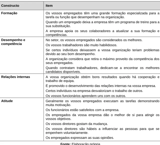 Tabela 11 – Sumário dos Itens da Entrevista Relativamente ao Capital Estrutural  