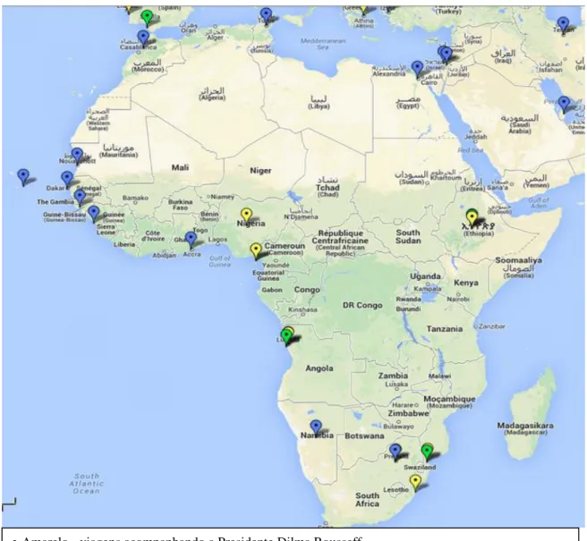 Figura 1 – Viagens realizadas pelo ex-Ministro das Relações Exteriores, Antonio de Aguiar  Patriota, à África 