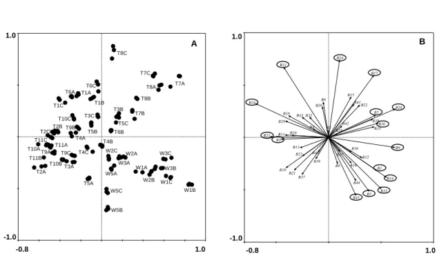 Figure  3.4.  Principal  components  analysis  with  the  PCR-DGGE  profiles.  A)  samples  (W1-W3,  W5  and  T1-T11)  distribution  and  B)  PCR-DGGE  bands  distribution,  with  the  bands  presenting the highest Eigenvalues marked with a circle