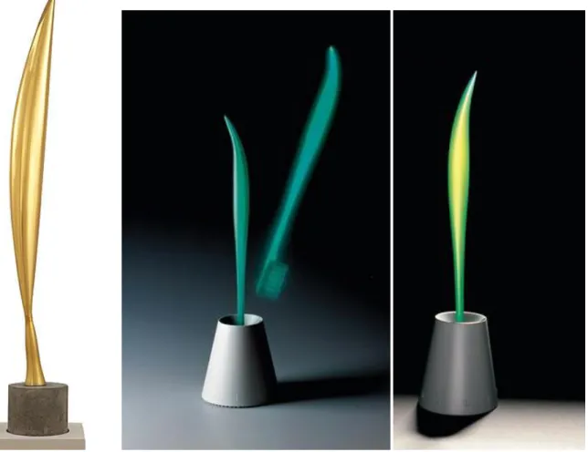 Figura 10 – Da esquerda para a direita: “Bird in Space” (1923) de Constantin Brancusi; imagens da  escova de dentes “Toothbrush” (1989) de Philippe Starck