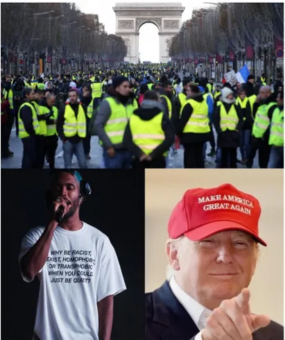 Figura 4: De cima para baixo: Manifestantes membros do grupo “coletes amarelos”; à  esquerda, Frank Ocean a usar t-shit contra a discriminação, à direita Donald Trump com boné 