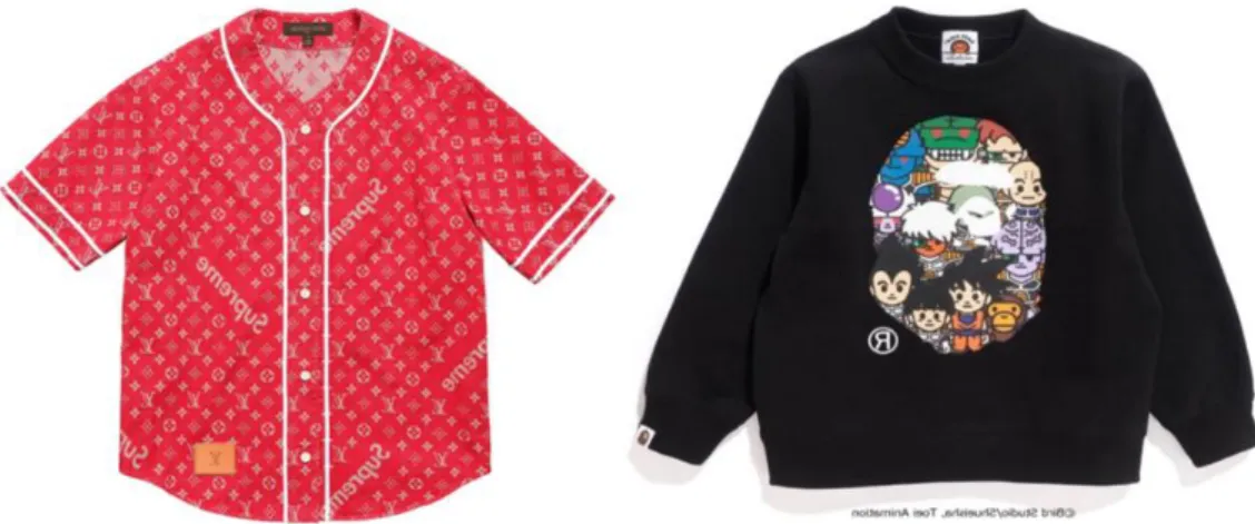Figura 9: À esquerda, Supreme x Louis Vuitton Jacquard Denim Baseball Jersey Red; à direita,  sweatshirt A BATHING APE x Dragon Ball Z 
