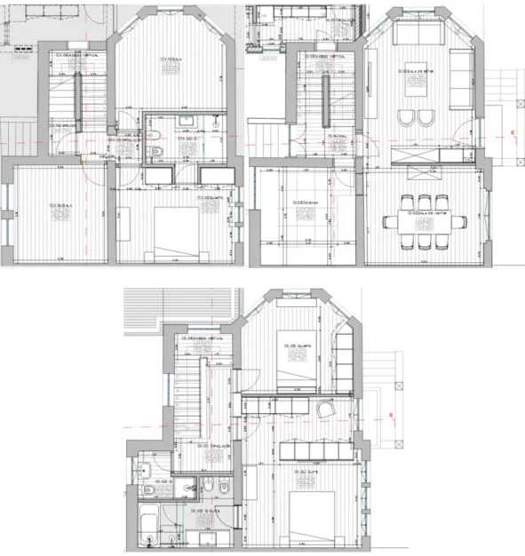 Figura 25 - Planta projeto prévio cave, rés-do-chão e piso um (C. Oliveira, 2017). 