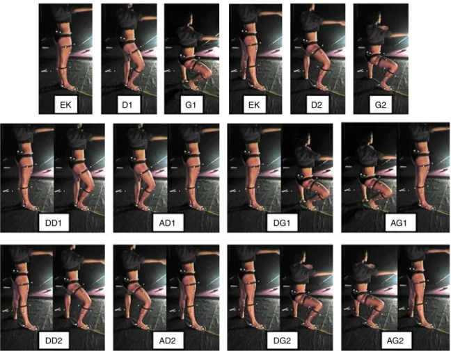Figure 2 Sequence of the step plié didactically divided into three phases: with knees extended (EK); during demi plié (D1 and D2); and during the grand plié (G1 and G2); and the four stages of motion: static (both EK); during the descent (DD1, DD2, DG1 and